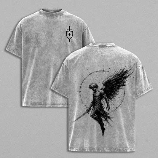 Sanctus Michael Archangelus Vintage Washed T-Shirt – Archangel Michael Christian Graphic Tee, Flaming Sword & Shield Faith Streetwear