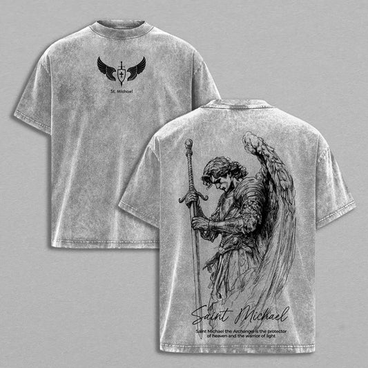 Saint Michael Archangel Vintage Washed T-Shirt – Flaming Sword & Scales of Justice Christian Graphic Tee, Faith Streetwear