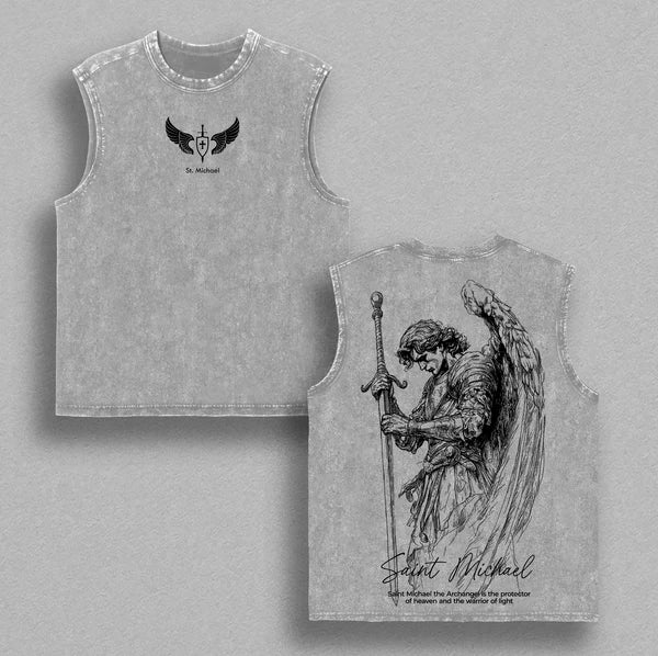 Saint Michael Archangel Vintage Washed T-Shirt – Flaming Sword & Scales of Justice Christian Graphic Tee, Faith Streetwear