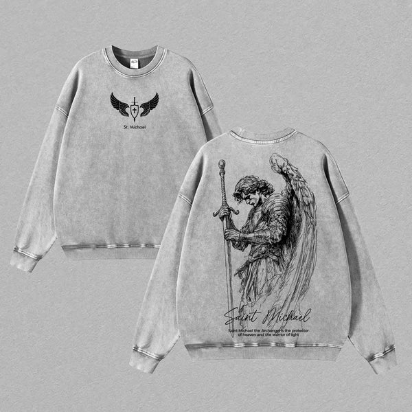 Saint Michael Archangel Vintage Washed T-Shirt – Flaming Sword & Scales of Justice Christian Graphic Tee, Faith Streetwear