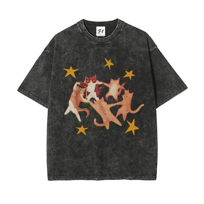 Starry Cats Vintage T-Shirt – Cute Cartoon Cat Graphic, Washed Retro Streetwear