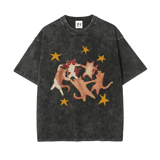 Starry Cats Vintage T-Shirt – Cute Cartoon Cat Graphic, Washed Retro Streetwear