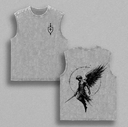 Sanctus Michael Archangelus Vintage Washed T-Shirt – Archangel Michael Christian Graphic Tee, Flaming Sword & Shield Faith Streetwear