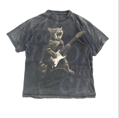 Rock Cat Guitar Vintage T-Shirt – Funny Retro Cat Graphic Tee, Rock Lovers Gift