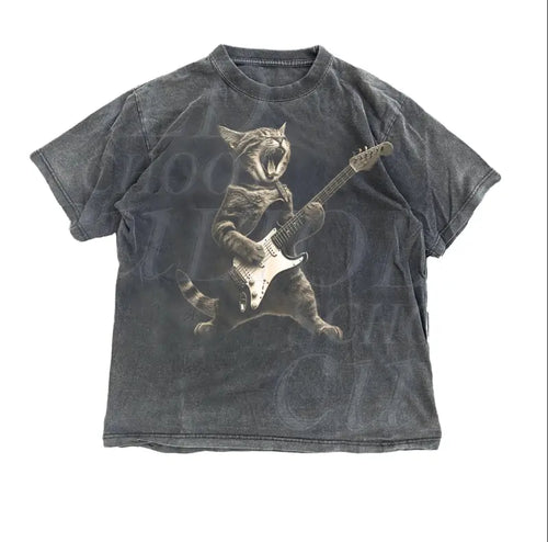 Rock Cat Guitar Vintage T-Shirt – Funny Retro Cat Graphic Tee, Rock Lovers Gift