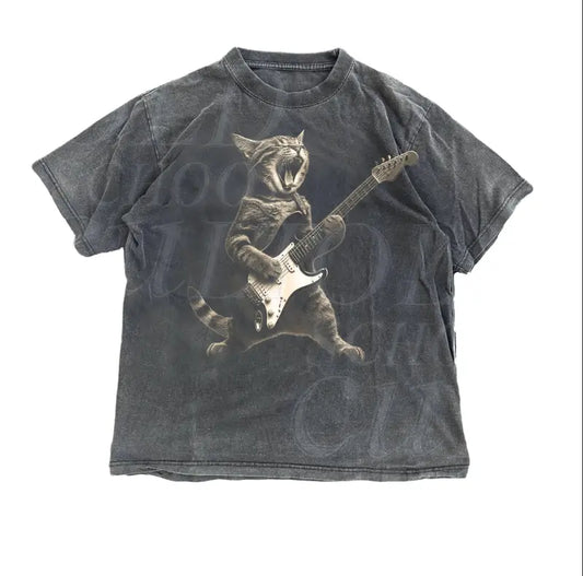 Rock Cat Guitar Vintage T-Shirt – Funny Retro Cat Graphic Tee, Rock Lovers Gift