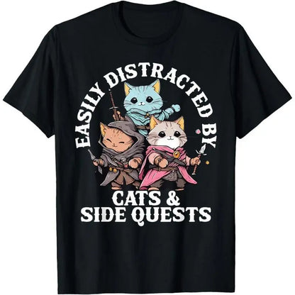 Cute Cats Side Quest Distracted Tabletop Funny Men Women Dad T-Shirt