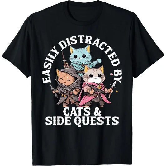 Cute Cats Side Quest Distracted Tabletop Funny Men Women Dad T-Shirt