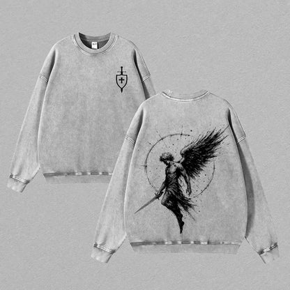 Sanctus Michael Archangelus Vintage Washed T-Shirt – Archangel Michael Christian Graphic Tee, Flaming Sword & Shield Faith Streetwear