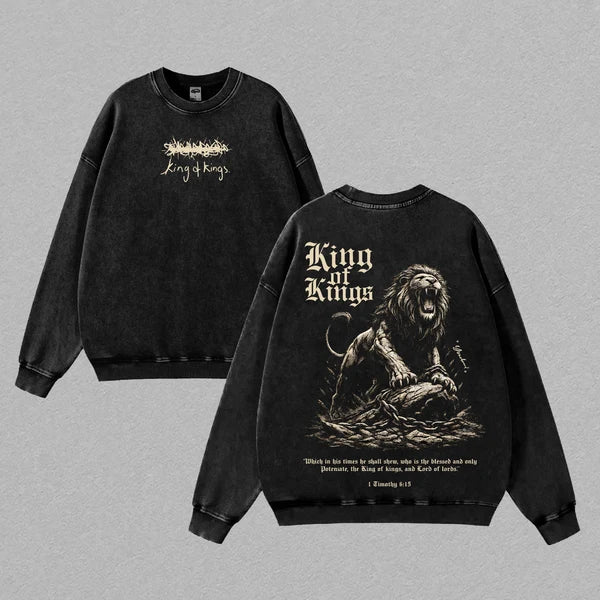 King of Kings Jesus Lion Vintage Washed Oversized T-Shirt – Heavy Cotton Lion of Judah Christian Graphic Tee, Faith Streetwear