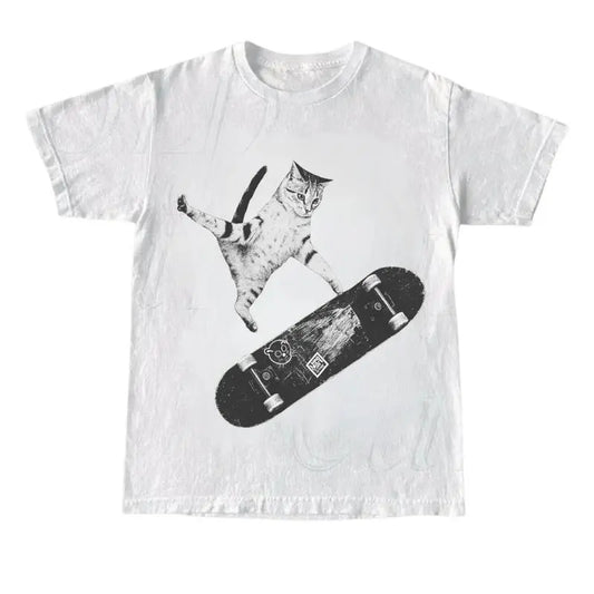 Y2K Emo Cat Graphic T-Shirt – Vintage Oversized Cotton Streetwear Tee