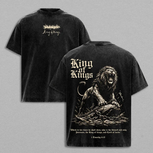 King of Kings Jesus Lion Vintage Washed Oversized T-Shirt – Heavy Cotton Lion of Judah Christian Graphic Tee, Faith Streetwear