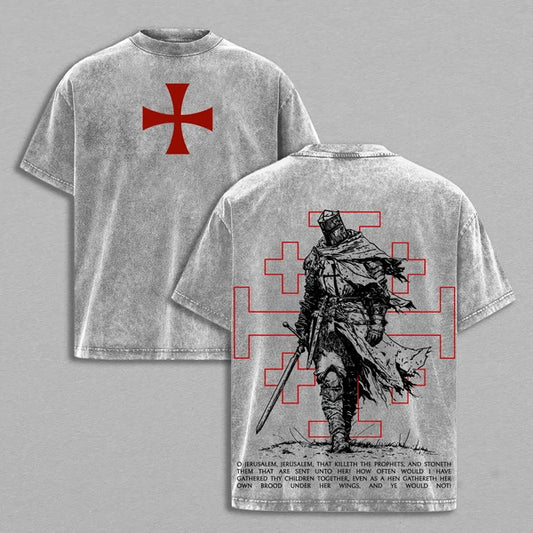 Christian Crusader Knight Vintage Washed Oversized T-Shirt – Heavy Cotton Faith Warrior Graphic Tee, Medieval Cross Streetwear