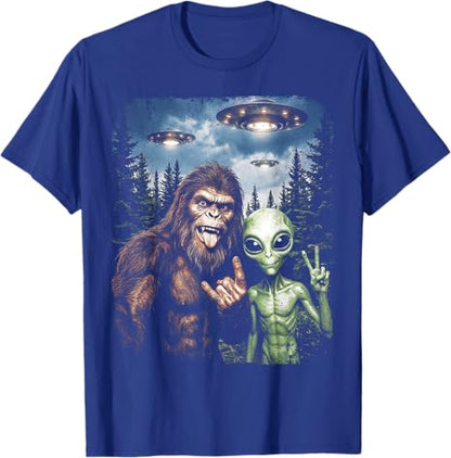 Funny Bigfoot Alien Selfie Rock On Peace Sign UFO Sasquatch Tees T Shirts for Men and Women