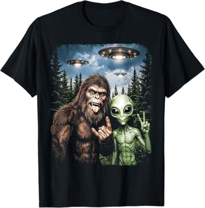 Funny Bigfoot Alien Selfie Rock On Peace Sign UFO Sasquatch Tees T Shirts for Men and Women