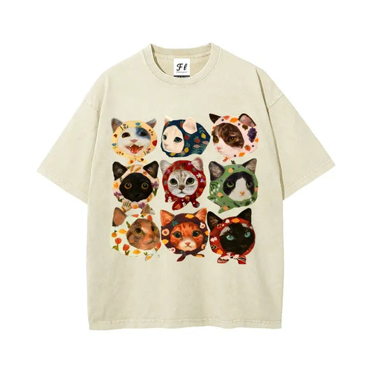 Vintage Cat Graphic T-Shirt – Washed Cotton Tee, Retro Cartoon Cat Streetwear