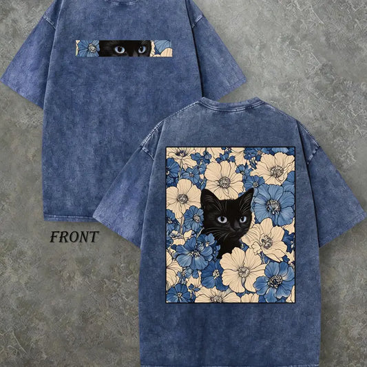 Cat in the Flowers Vintage T-Shirt – Double-Sided Floral Cat Graphic, Washed Cotton Tee