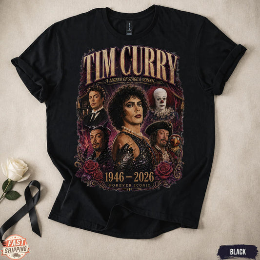 Tim Curry Memorial Shirt, Rocky Horror Tribute, Frank N Furter Vintage Collage Tee, 1946–2026