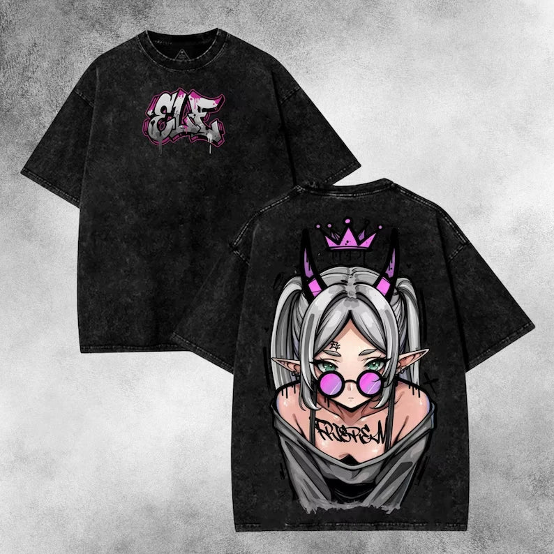Frieren Streetwear Vintage Washed Anime T-Shirt, Edgy Back Print Manga Tee