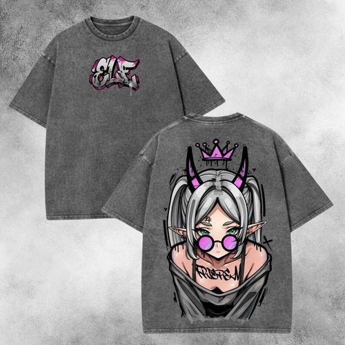 Frieren Streetwear Vintage Washed Anime T-Shirt, Edgy Back Print Manga Tee